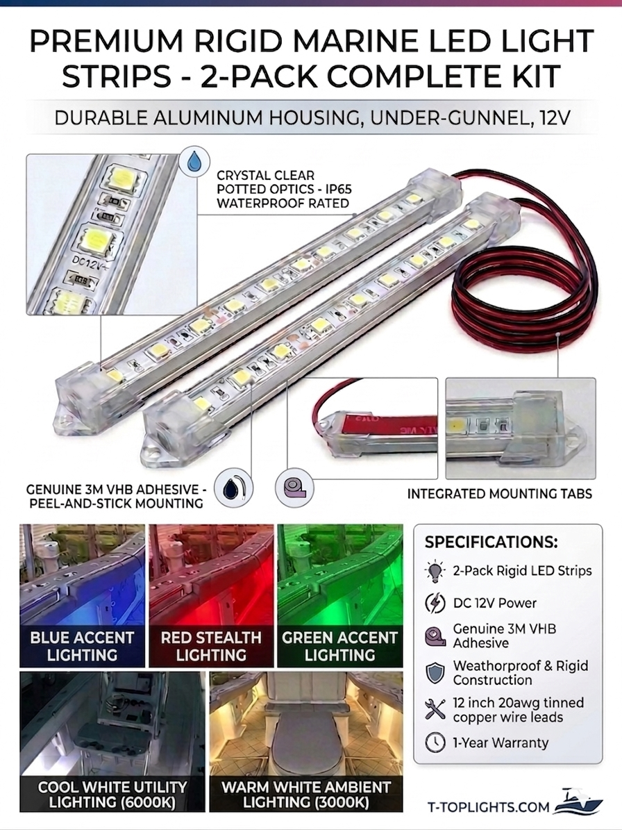 2 PACK - Rigid Marine LED Light Strip | Under Gunnel Lights | 12v DC Boat Led Lights | Marine LED Lights